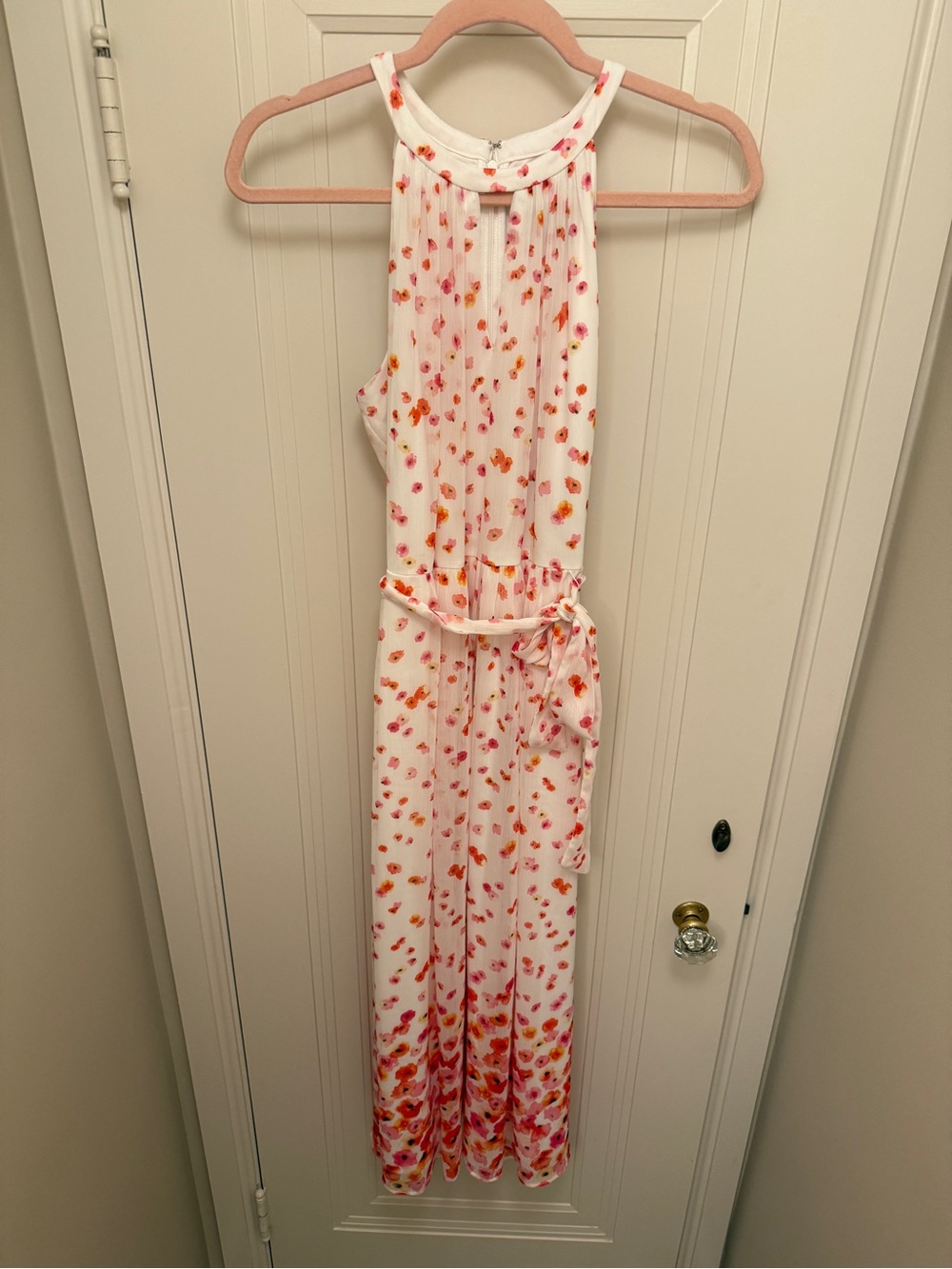 New w/o tags! White Floral Halter DKNY maxi dress in Pink & Orange Print